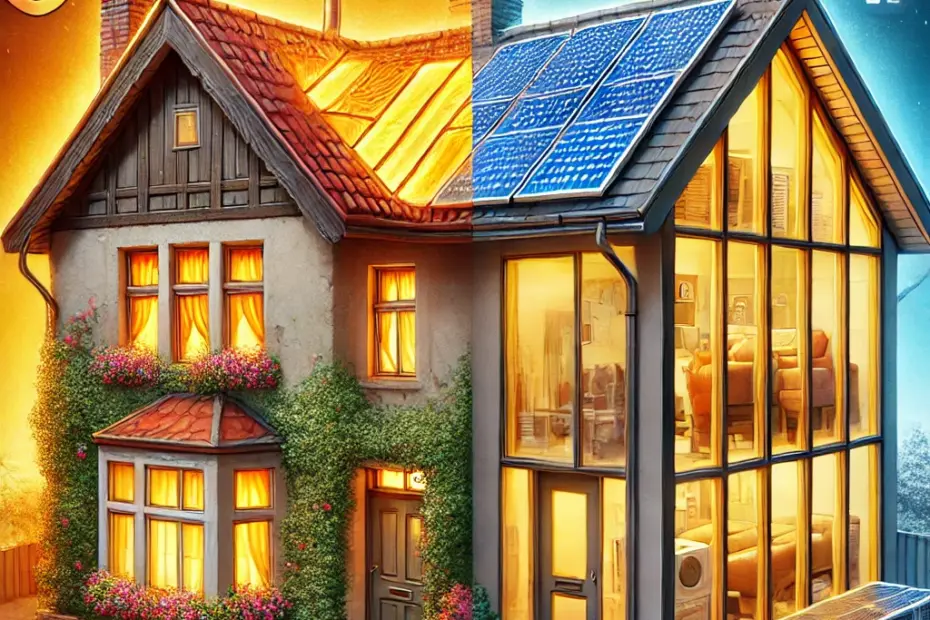 Eine Darstellung eines Hauses zum Energiesparen - eine Hälfte des Hauses kalt, die andere warm dargestellt.