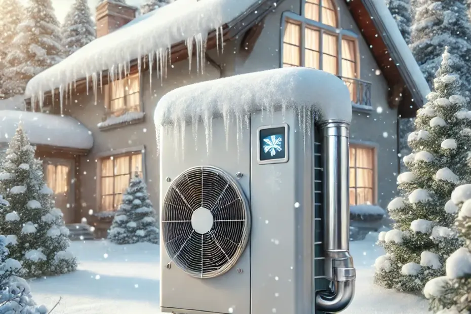 Wärmepumpe im Winter im Schnee